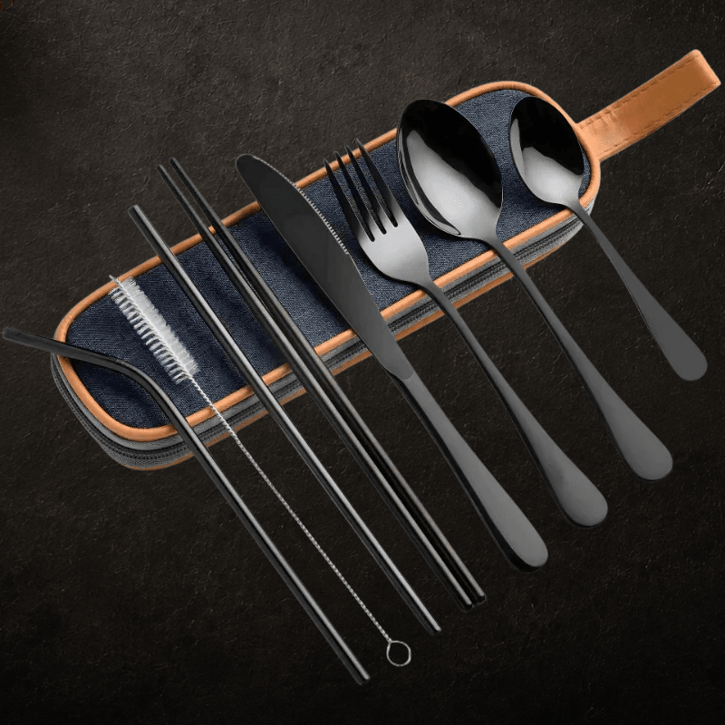 9 Piece Travel Utensil Set in Black with Case - EvaCrock Pakistan