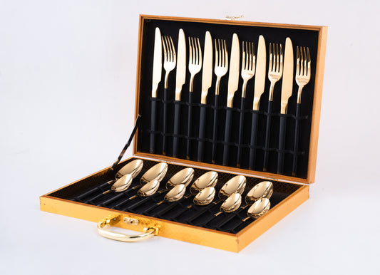 Premium 24 Piece Black and Gold Stainless Steel Cutlery Set