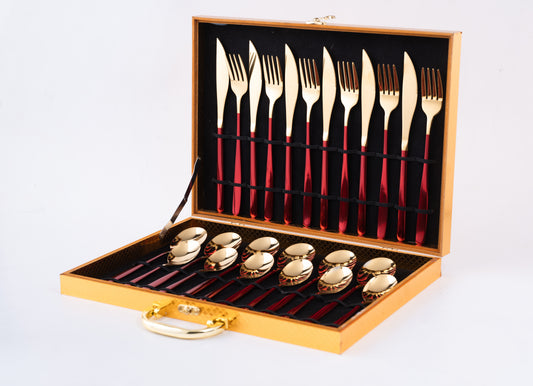 Korean 24 Piece Red & Gold Premium Stainless Steel Cutlery Set