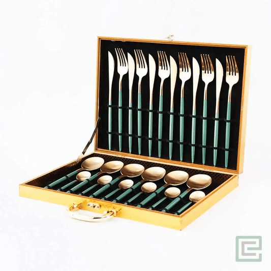 Elegant 24 Piece Green and Gold Premium Cutlery Set with box - EvaCrock Pakistan