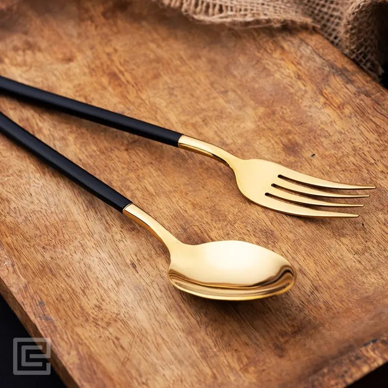 Premium 4 Pieces Black and Gold Stainless Steel Cutlery Set - EvaCrock Pakistan