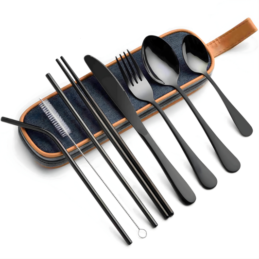 9 Piece Travel Utensil Set in Black with Case