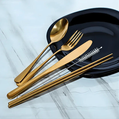 7 Piece Travel Utensil Set in Gold with Case - EvaCrock Pakistan
