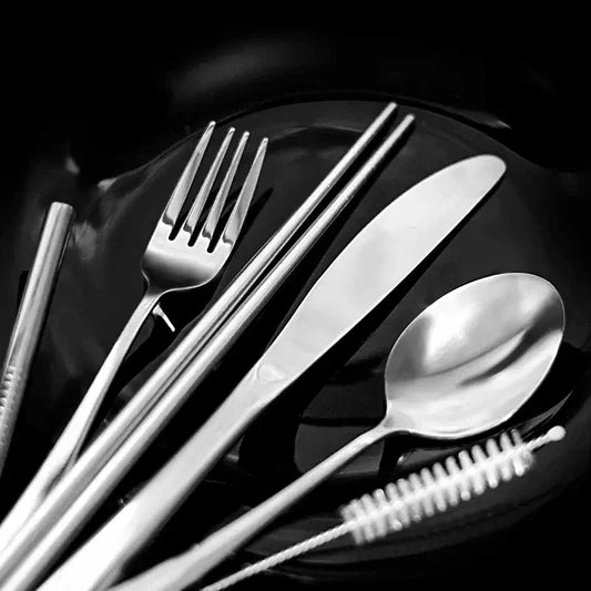 7 Piece Travel Utensil Set in Silver with Case - EvaCrock Pakistan