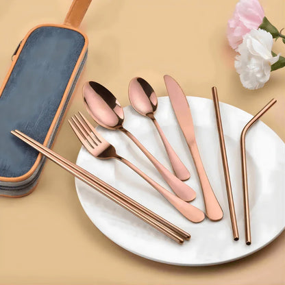 9 Piece Travel Utensil Set in Rose Gold with Case - EvaCrock Pakistan