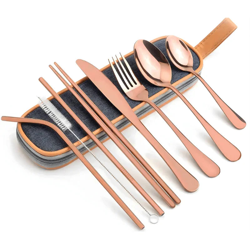 9 Piece Travel Utensil Set in Rose Gold with Case - EvaCrock Pakistan