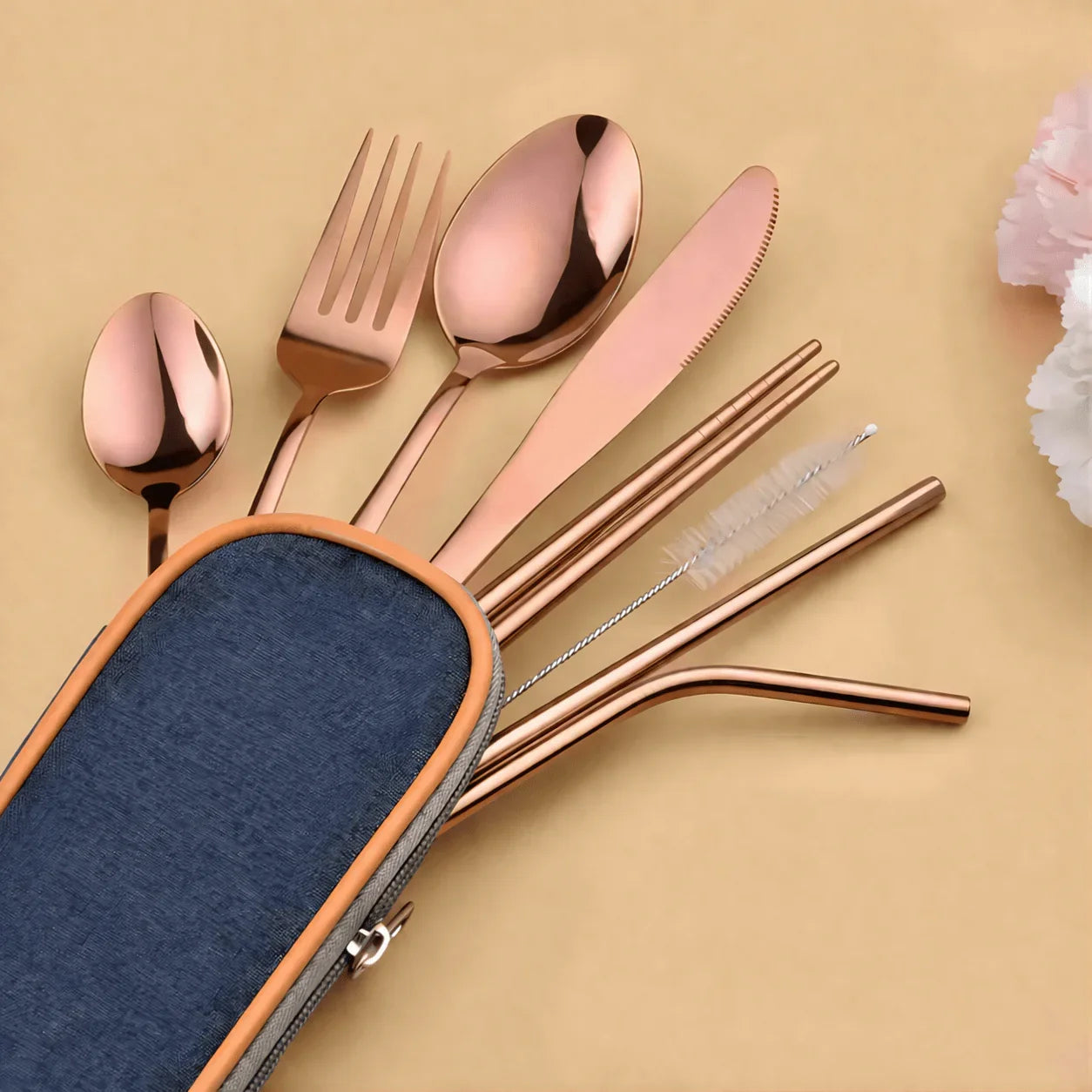 9 Piece Travel Utensil Set in Rose Gold with Case - EvaCrock Pakistan