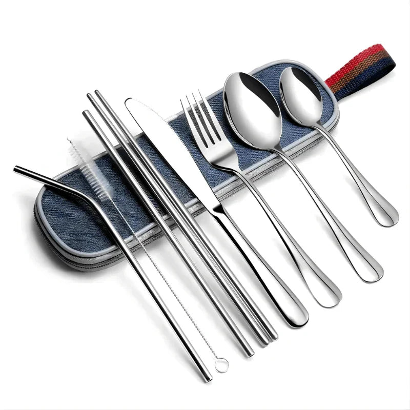 9 Piece Travel Utensil Set in Silver with Case - EvaCrock Pakistan