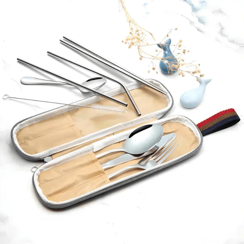 9 Piece Travel Utensil Set in Silver with Case - EvaCrock Pakistan