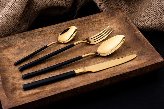 Premium 24 Piece Black and Gold Stainless Steel Cutlery Set