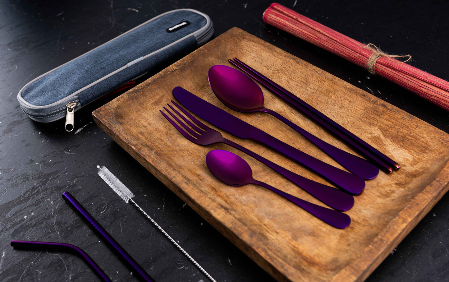 9 Piece Travel Utensil Set in Purple with Case