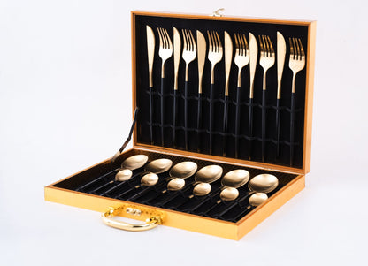 Elegant 24 Piece Black and Gold Premium Cutlery Set with box - EvaCrock Pakistan
