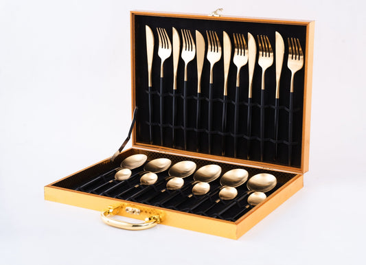 Elegant 24 Piece Black and Gold Premium Cutlery Set with box - EvaCrock Pakistan