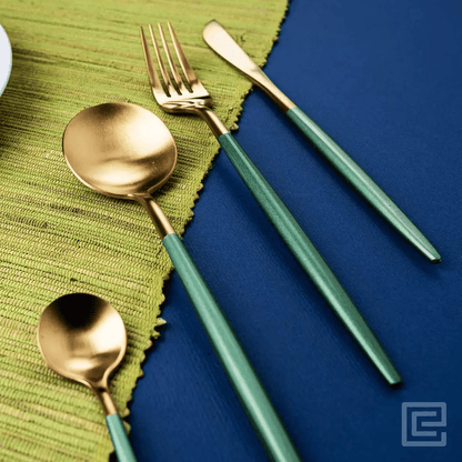 Elegant 24 Piece Green and Gold Premium Cutlery Set with box - EvaCrock Pakistan