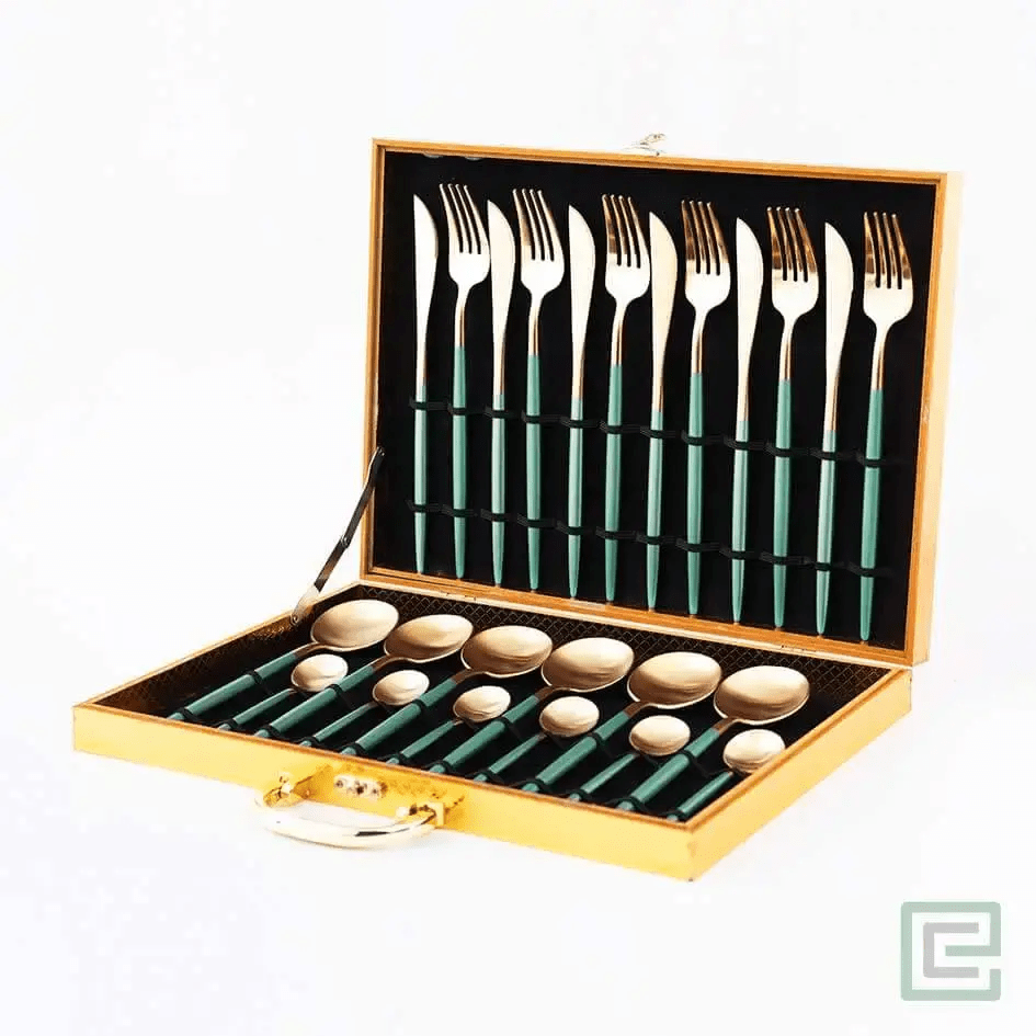 Elegant 24 Piece Green and Gold Premium Cutlery Set with box - EvaCrock Pakistan