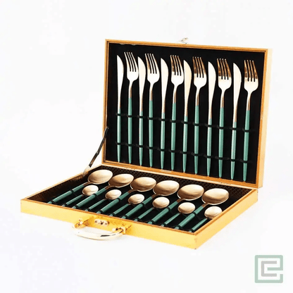 Elegant 24 Piece Green and Gold Premium Cutlery Set with box - EvaCrock Pakistan