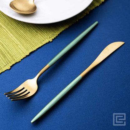 Elegant 24 Piece Green and Gold Premium Cutlery Set with box - EvaCrock Pakistan
