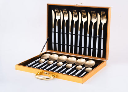 Elegant 24 Piece White and Gold Premium Cutlery Set with box - EvaCrock Pakistan