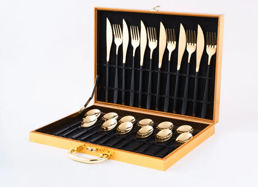 Korean 24 Piece Black & Gold Premium Stainless Steel Cutlery Set - EvaCrock Pakistan