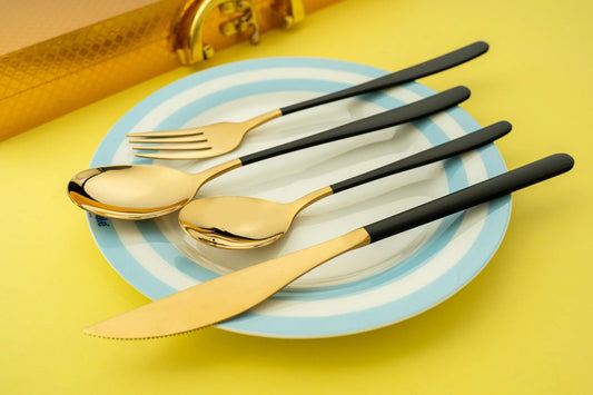 Korean 24 Piece Black & Gold Premium Stainless Steel Cutlery Set - EvaCrock Pakistan