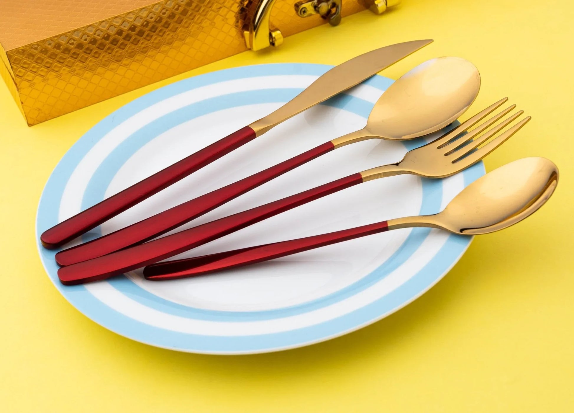 Korean 24 Piece Red & Gold Premium Stainless Steel Cutlery Set - EvaCrock Pakistan