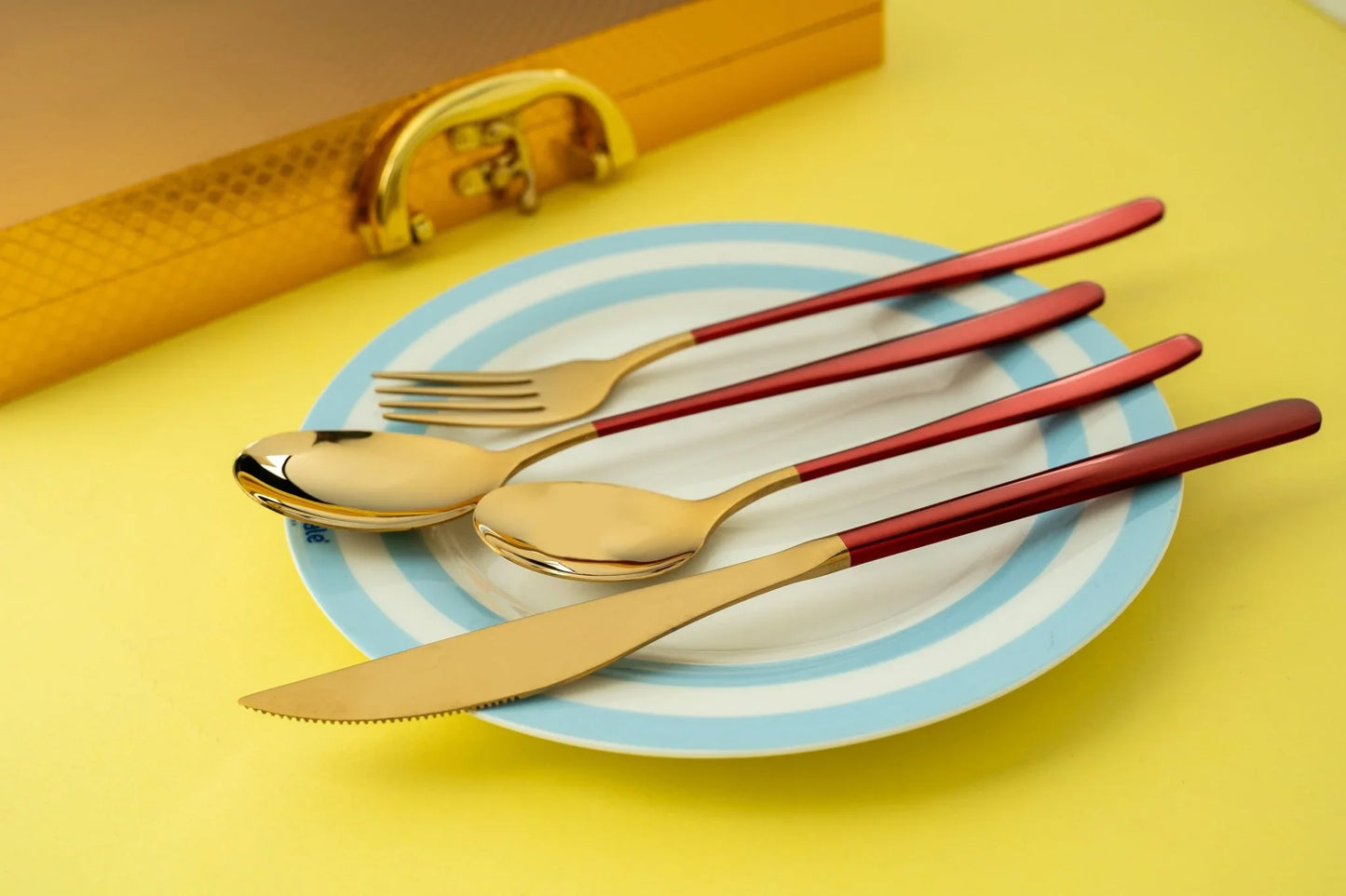 Korean 24 Piece Red & Gold Premium Stainless Steel Cutlery Set - EvaCrock Pakistan