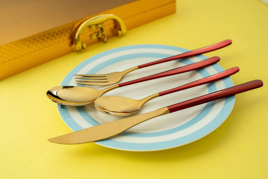 Korean 24 Piece Red & Gold Premium Stainless Steel Cutlery Set - EvaCrock Pakistan