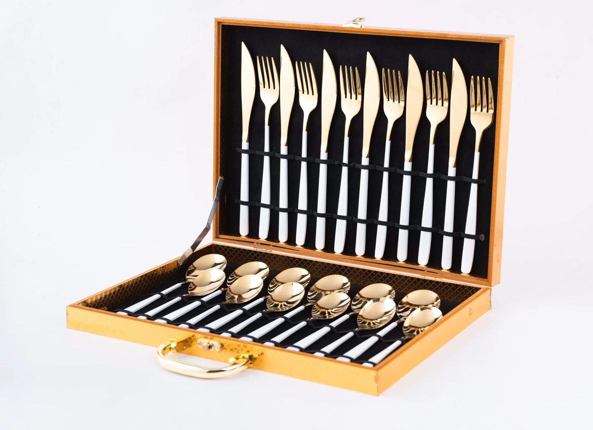 Korean 24 Piece White & Gold Premium Stainless Steel Cutlery Set - EvaCrock Pakistan