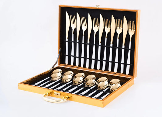 Korean 24 Piece White & Gold Premium Stainless Steel Cutlery Set - EvaCrock Pakistan