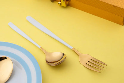 Korean 24 Piece White & Gold Premium Stainless Steel Cutlery Set - EvaCrock Pakistan