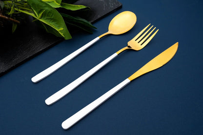 Korean 24 Piece White & Gold Premium Stainless Steel Cutlery Set - EvaCrock Pakistan