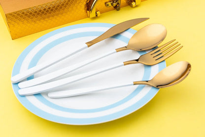 Korean 24 Piece White & Gold Premium Stainless Steel Cutlery Set - EvaCrock Pakistan