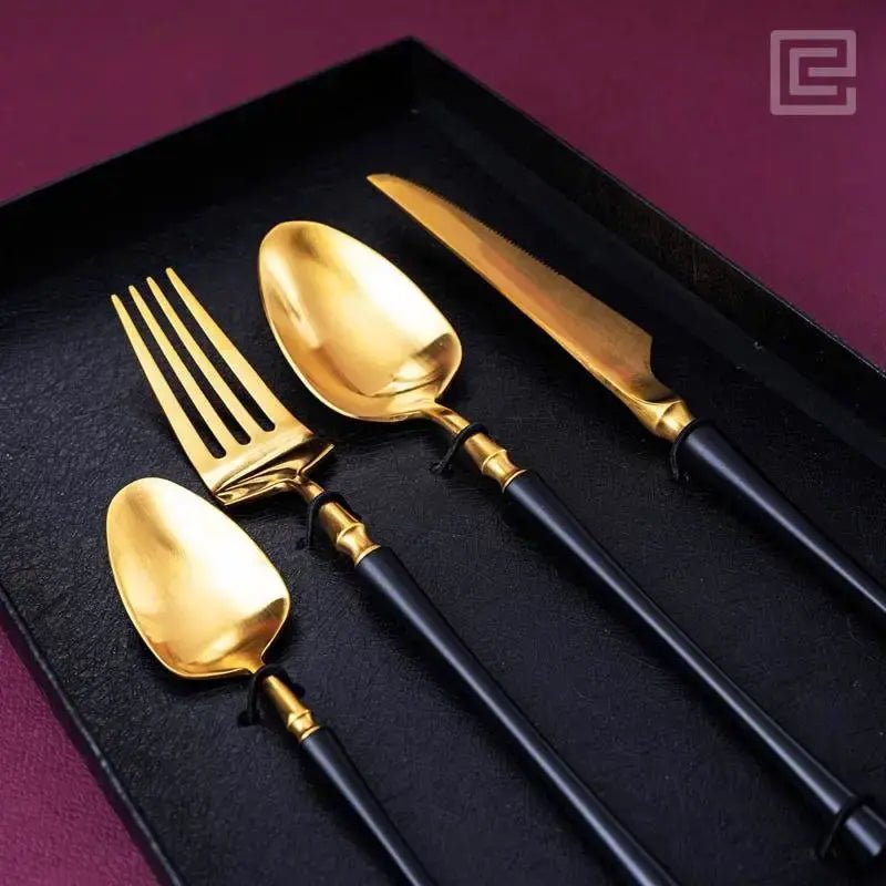 Luxury 4 Pieces Black and Gold Stainless Steel Cutlery Set - EvaCrock Pakistan