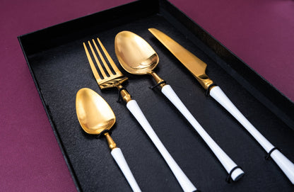 Luxury 4 Pieces White and Gold Stainless Steel Cutlery Set - EvaCrock Pakistan