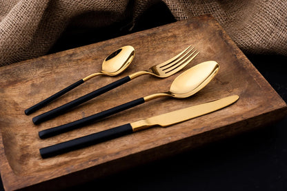 Premium 24 Piece Black and Gold Stainless Steel Cutlery Set - EvaCrock Pakistan