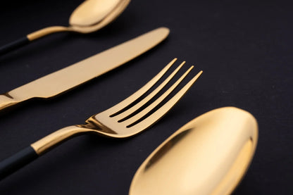 Premium 24 Piece Black and Gold Stainless Steel Cutlery Set - EvaCrock Pakistan