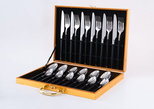 Premium 24 Piece Black and Silver Stainless Steel Cutlery Set - EvaCrock Pakistan