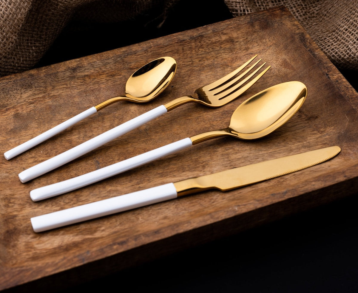 Premium 24 Piece White and Gold Stainless Steel Cutlery Set - EvaCrock Pakistan