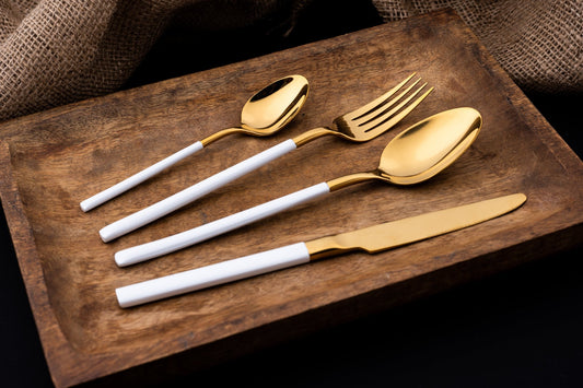 Premium 24 Piece White and Gold Stainless Steel Cutlery Set - EvaCrock Pakistan