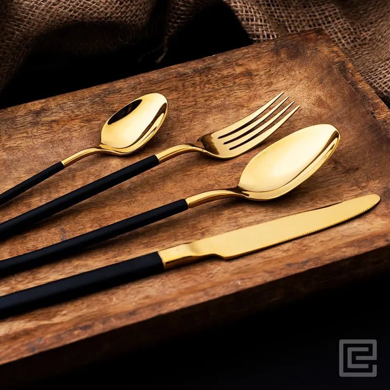 Premium 4 Pieces Black and Gold Stainless Steel Cutlery Set - EvaCrock Pakistan