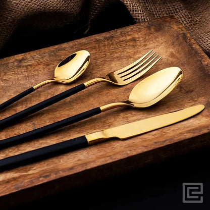 Premium 4 Pieces Black and Gold Stainless Steel Cutlery Set - EvaCrock Pakistan