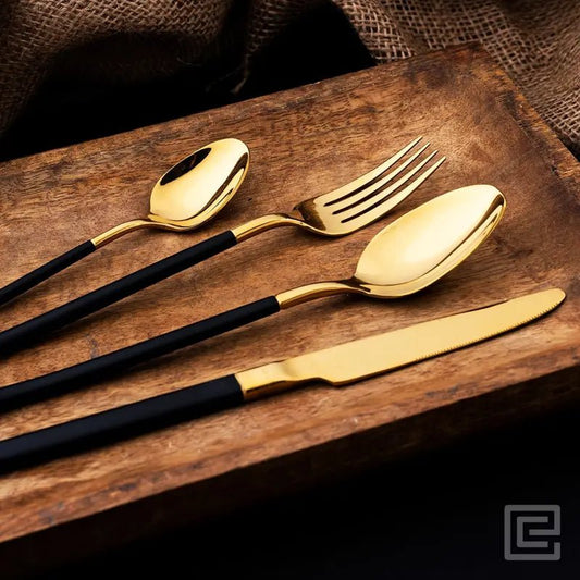 Premium 4 Pieces Black and Gold Stainless Steel Cutlery Set - EvaCrock Pakistan