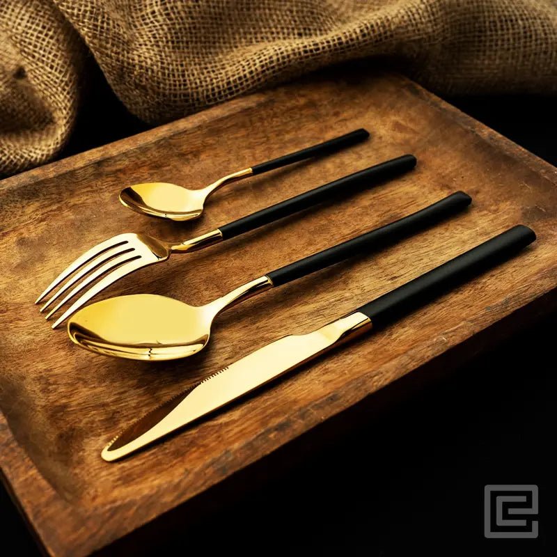 Premium 4 Pieces Black and Gold Stainless Steel Cutlery Set - EvaCrock Pakistan