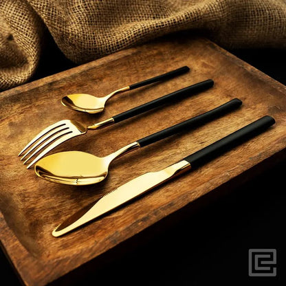 Premium 4 Pieces Black and Gold Stainless Steel Cutlery Set - EvaCrock Pakistan